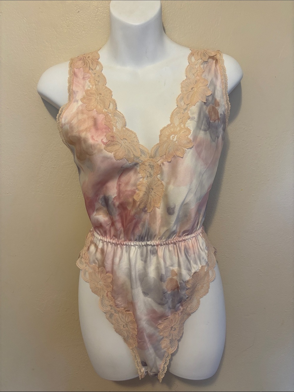 Miss Elaine Peach Tie-Dye Satin Lace-Trim Teddy